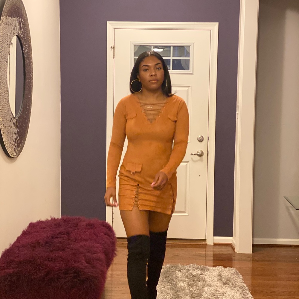 Womens Sexy Suede Mini Dress-Cognac